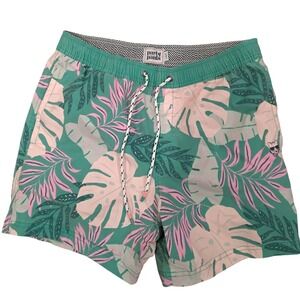 Party Pants Mens Tropical Monstera Palm Print Swim Trunks Teal Pink Size Large